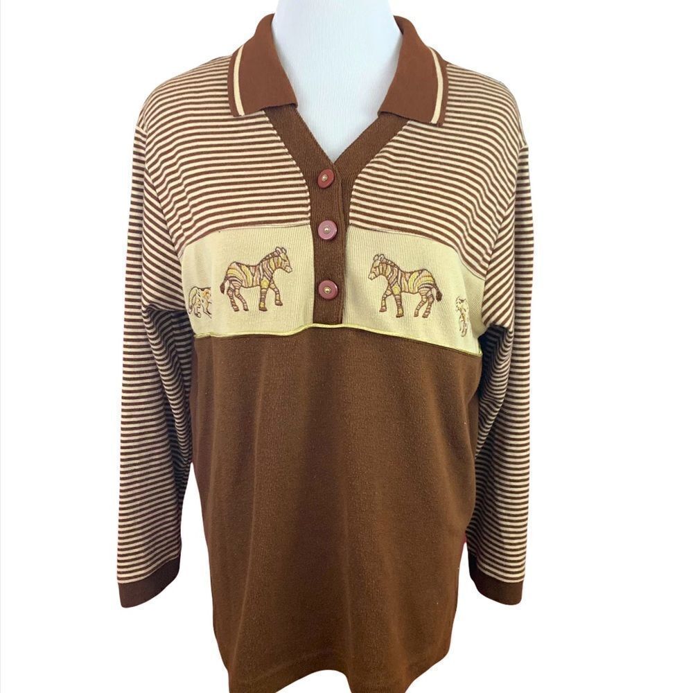Vintage 80’s brown striped safari theme collar top